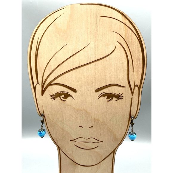 Bright Blue Bead Dangle Earrings, Vintage Bronzed Clip Ons with Art Glass - Picture 3 of 5